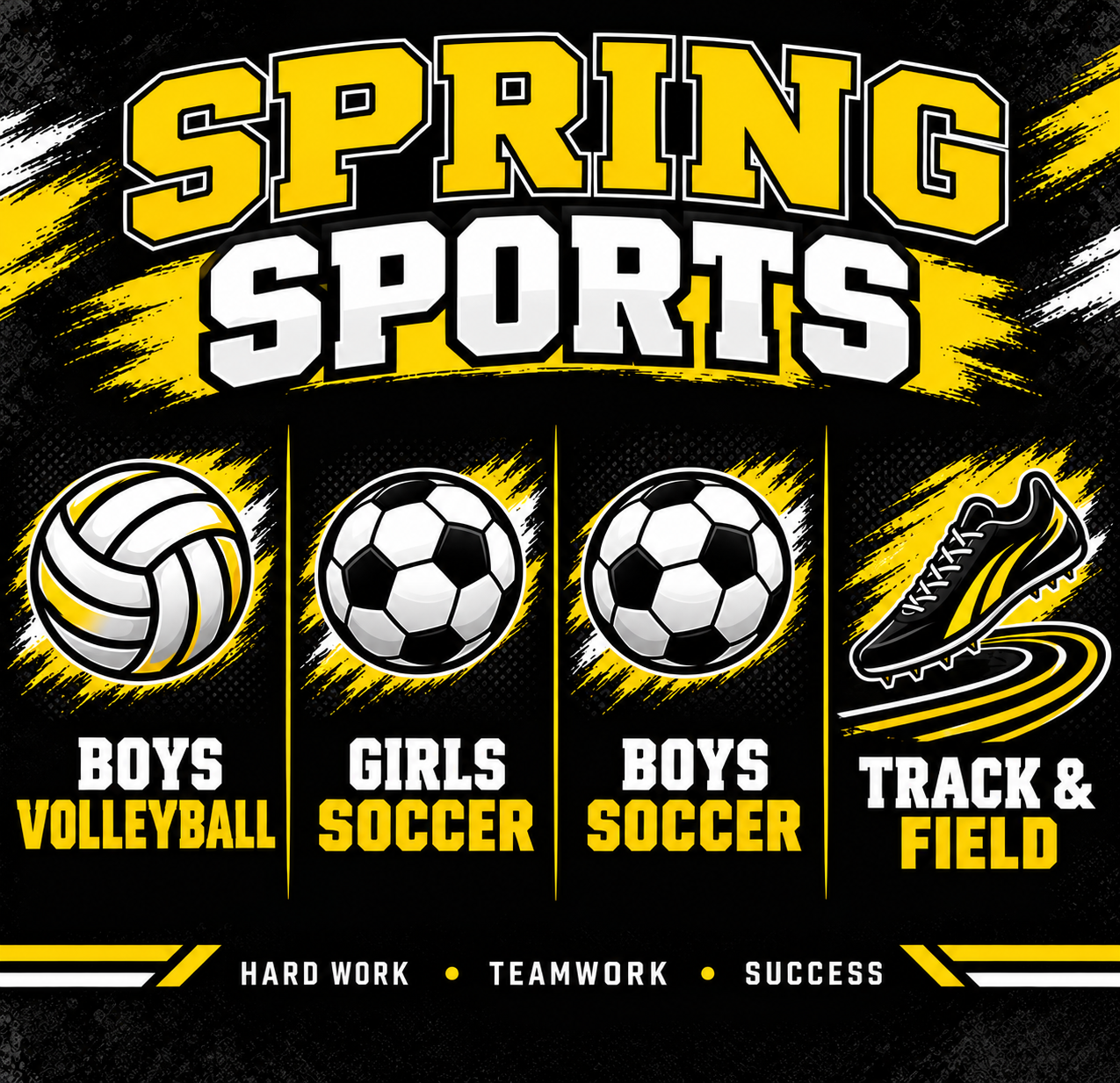 Black and yellow image showing RLPA spring sports offered: boys volleyball, girls soccer, boys soccer, track and field 