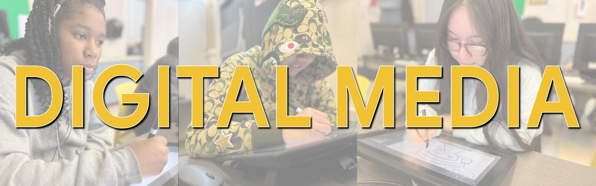 Digital Media Students working on projects in class at media workstation.